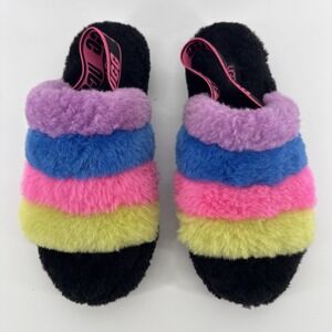 UGG Fluff Yeah Slide Slippers Women 9 Rainbow Shearling Slingback Platform
